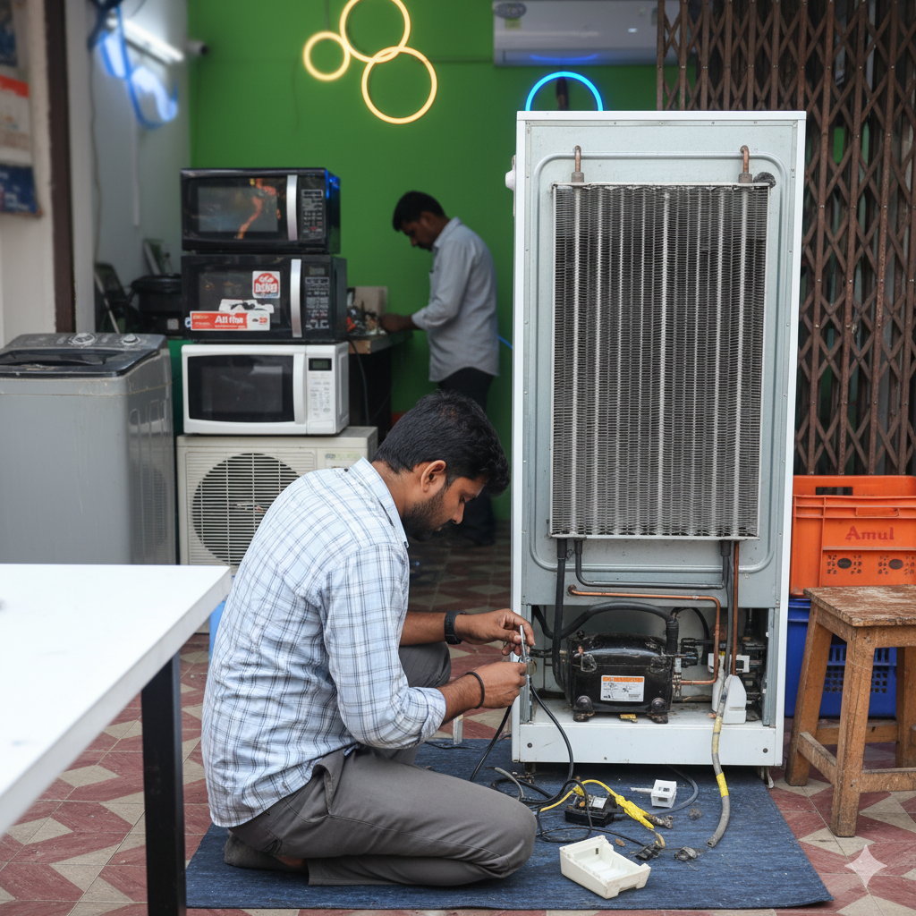 Technician repairing split AC unit and checking inverter PCB in Thane.