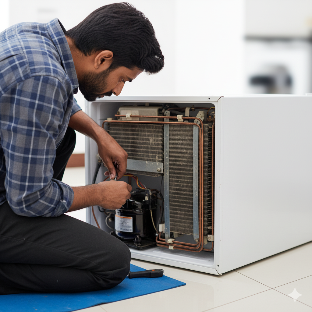 JJ Service & Solutions technician repairing a mini-refrigerator or chest freezer compressor.
