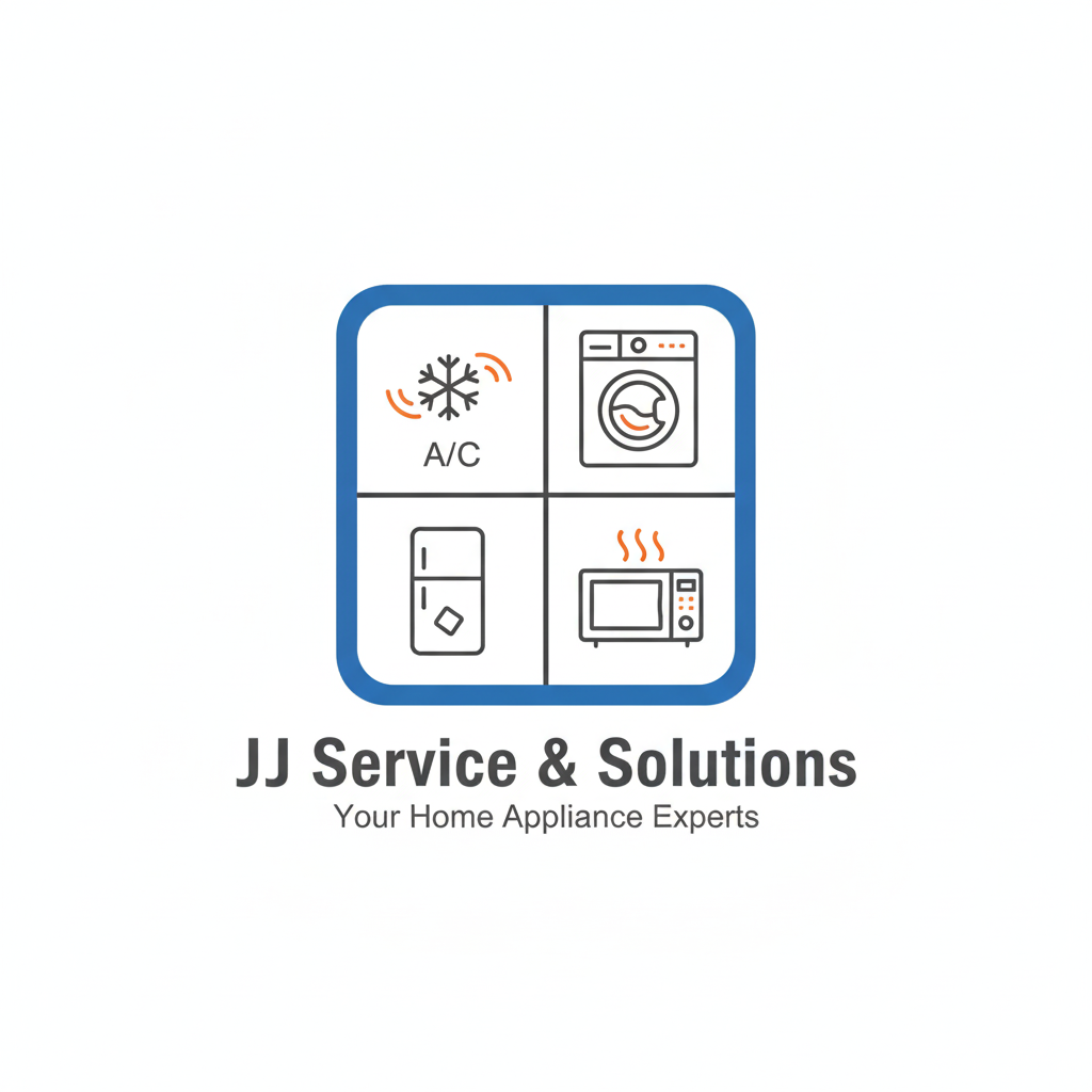 JJ Service & Solutions official logo featuring icons for AC, Washing Machine, Fridge, and Microwave repair.